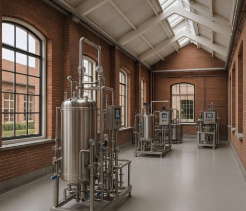 A photorealistic interior rendering of a pilot plant in a historic style, featuring small-scale setups and space for food tech startups and scale-ups.
